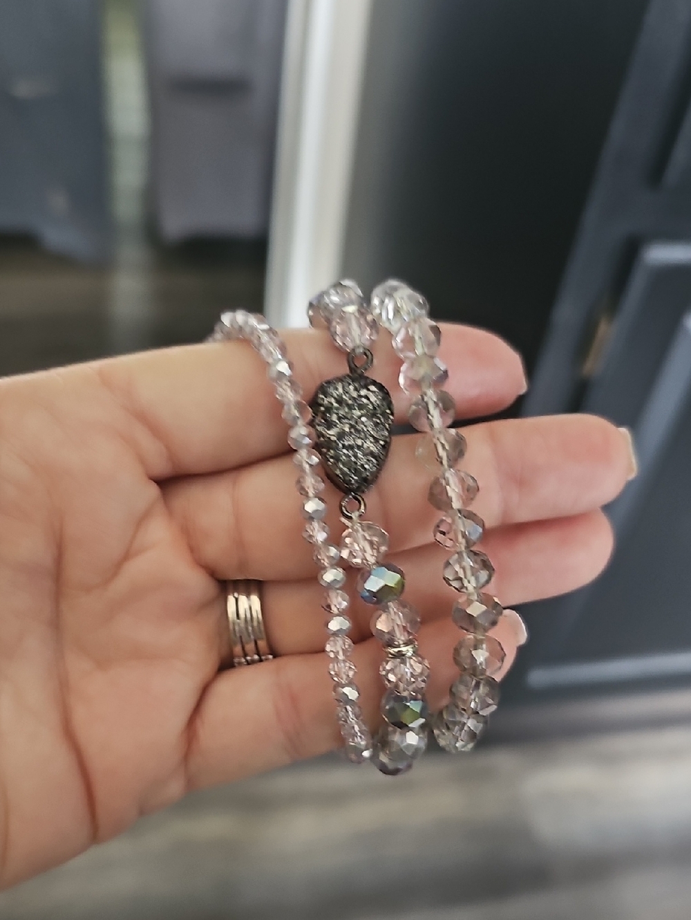 Handcrafted Gray Crystal Beaded Bracelet with Druzy Teardrop